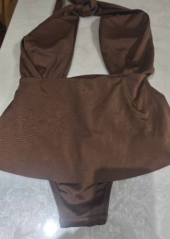 Kahverengi Parlak Halter Yaka Kadın Mayo - Görsel 3