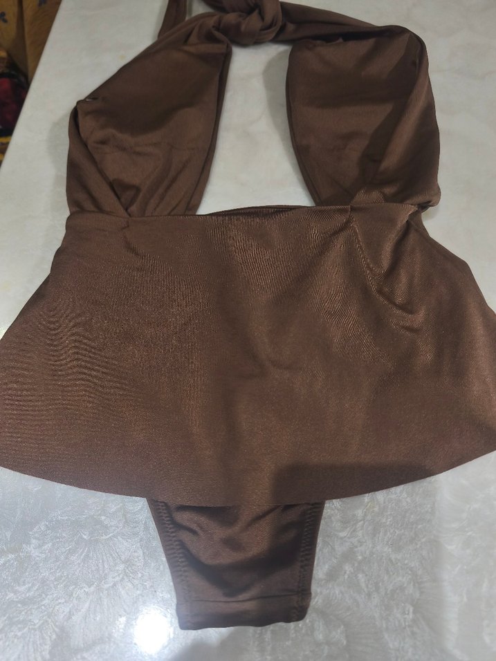 Kahverengi Parlak Halter Yaka Kadın Mayo - Görsel 3