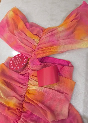 Pembe Tie-Dye Drapeli Straplez Uzun Elbise - Görsel 2