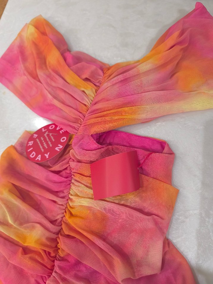 Pembe Tie-Dye Drapeli Straplez Uzun Elbise - Görsel 2