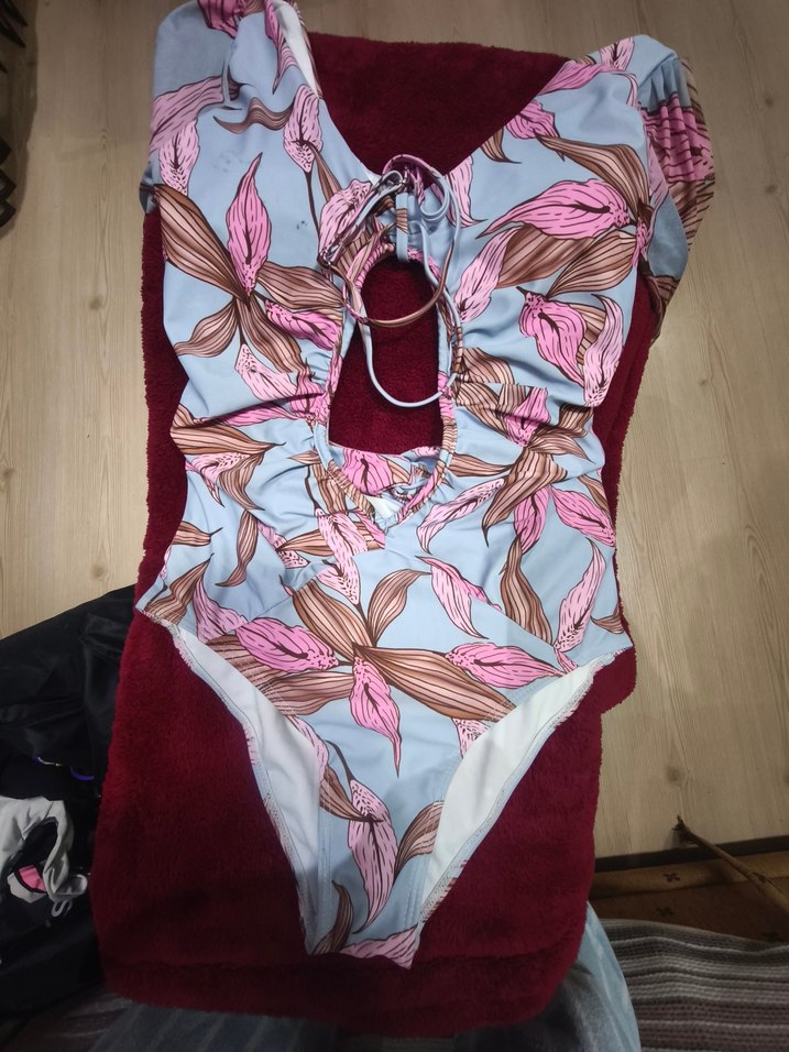 Pembe Yaprak Desenli Drapeli  Mayo - Görsel 2