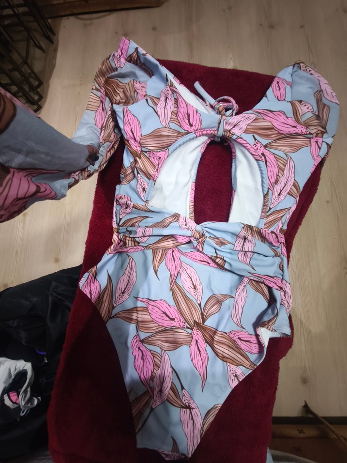 Pembe Yaprak Desenli Drapeli  Mayo - Görsel 4