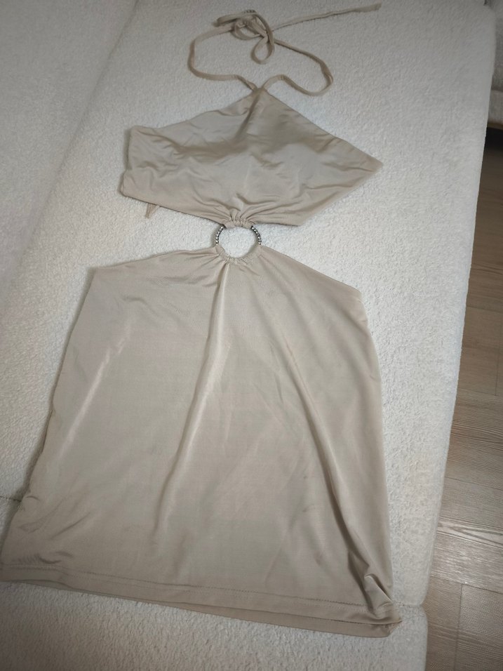 Bej Halter Yaka Midi Mini Elbise - Görsel 2