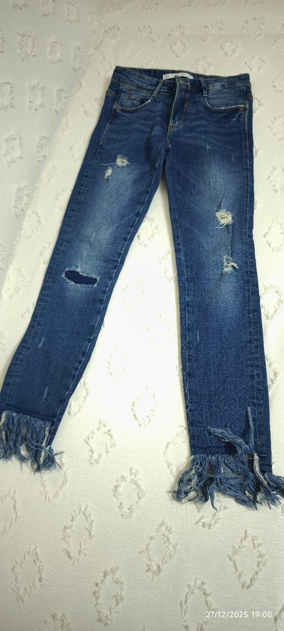 Düğmeli Mavi Kadın Denim Pantolon - Görsel 4