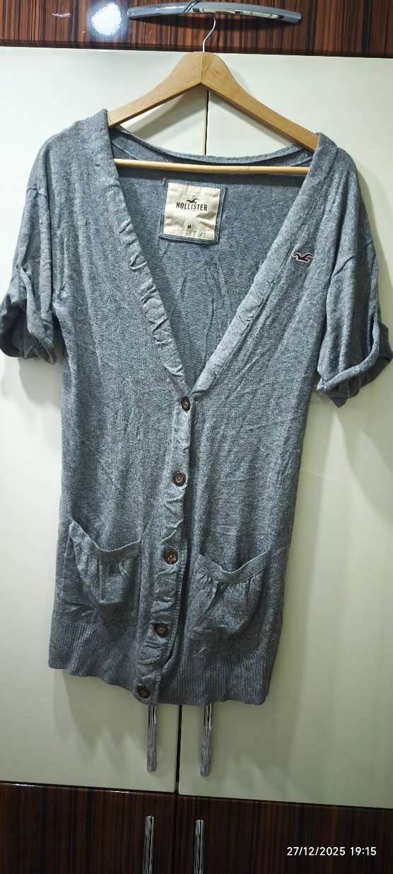 Gri Düğmeli Midi Kadın Hırka - Görsel 4