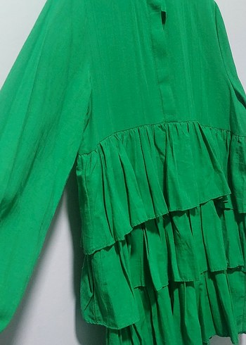 Yeşil Uzun Kollu Fırfırlı Keten Tunik - Görsel 2