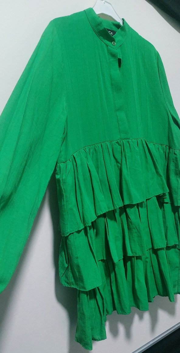 Yeşil Uzun Kollu Fırfırlı Keten Tunik - Görsel 2