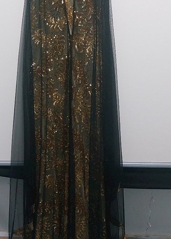 Gold Desenli Uzun Drapeli Straplez Abiye - Görsel 4