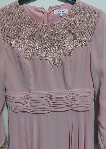 Pembe Uzun Kollu Drapeli Kadın Abiye Elbise - Görsel 3