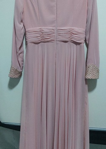 Pembe Uzun Kollu Drapeli Kadın Abiye Elbise - Görsel 2