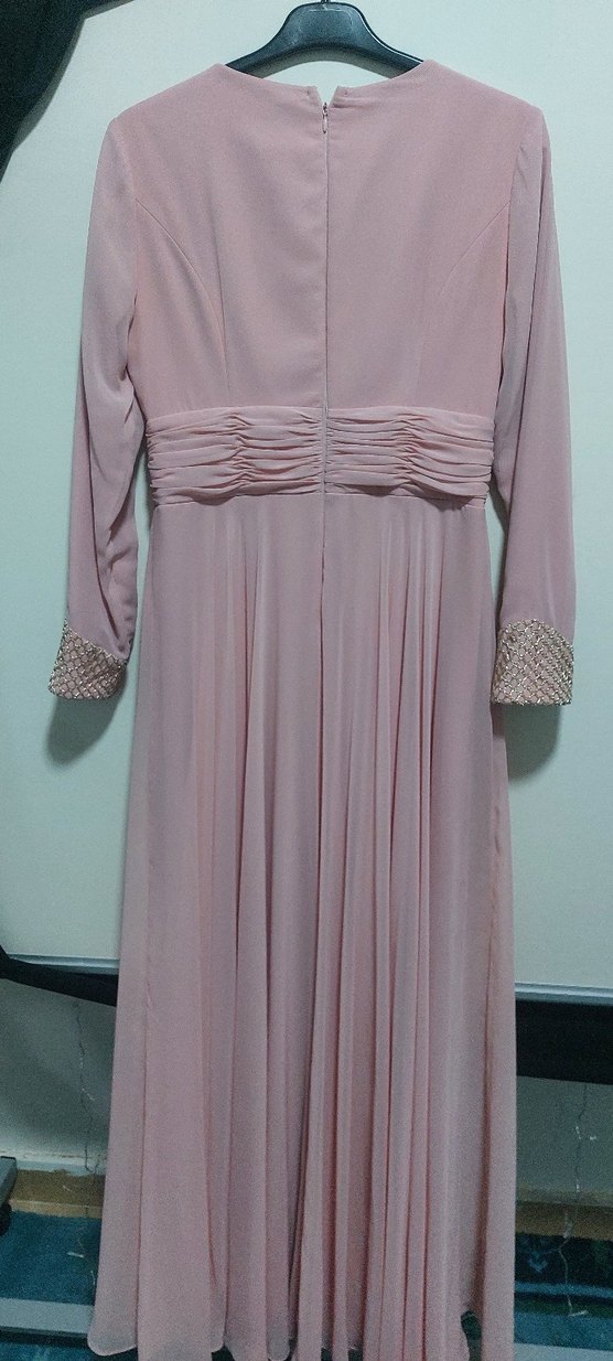 Pembe Uzun Kollu Drapeli Kadın Abiye Elbise - Görsel 2