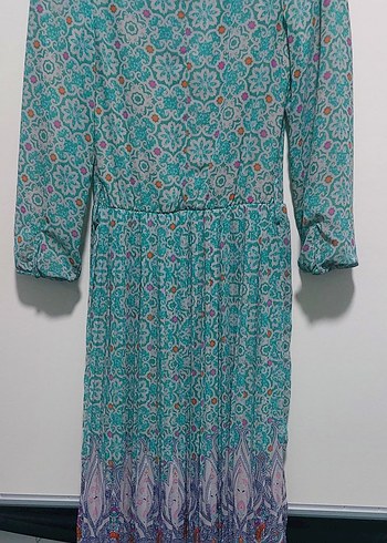 Bohem Uzun Turkuaz Piliseli Elbise - Görsel 4