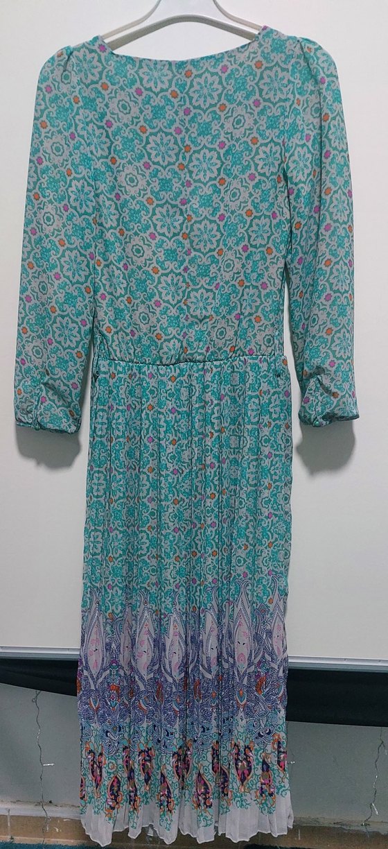 Bohem Uzun Turkuaz Piliseli Elbise - Görsel 4