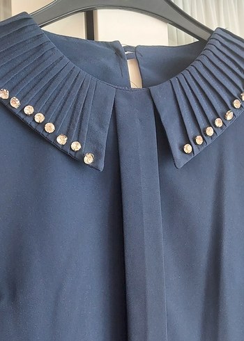 Mavi Saten Kadın Gömlek - Görsel 2