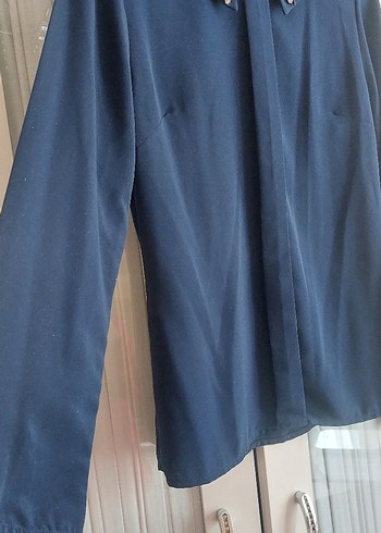 Mavi Saten Kadın Gömlek - Görsel 3
