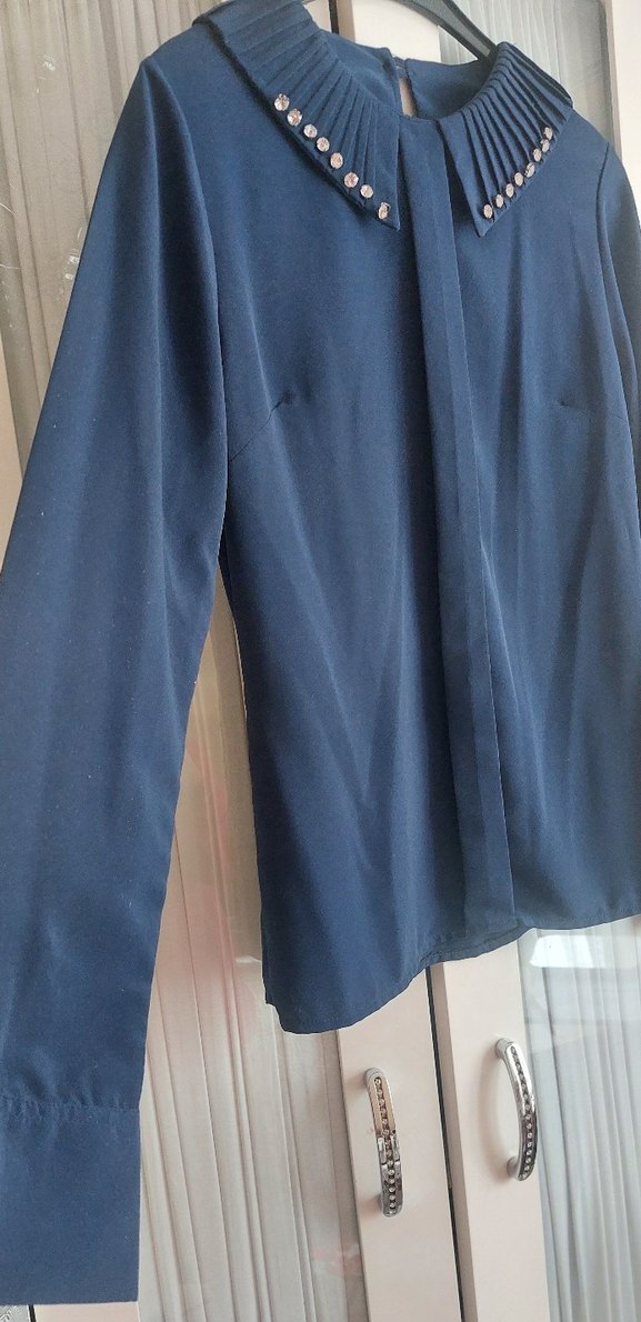 Mavi Saten Kadın Gömlek - Görsel 3