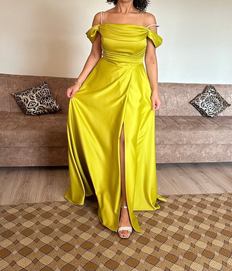 Sarı Drapeli Uzun Abiye Elbise - Görsel 3