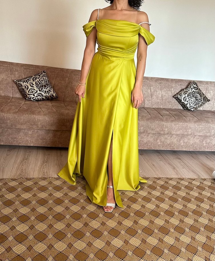 Sarı Drapeli Uzun Abiye Elbise - Görsel 4
