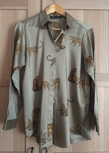 Leopar Desenli yeşil Kadın Gömlek