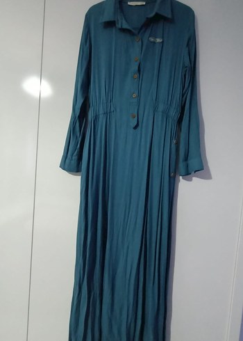 Düğmeli Turkuaz Uzun Keten Elbise - Görsel 2