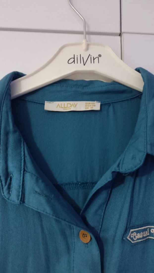 Düğmeli Turkuaz Uzun Keten Elbise - Görsel 3