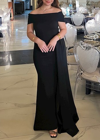 Siyah madonna yaka Uzun Abiye Elbise