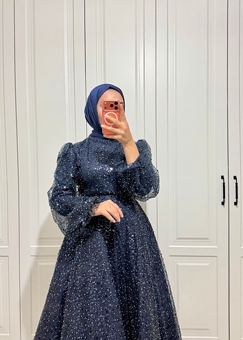 Boncuk İşlemeli Lacivert Uzun Abiye Elbise - Görsel 2