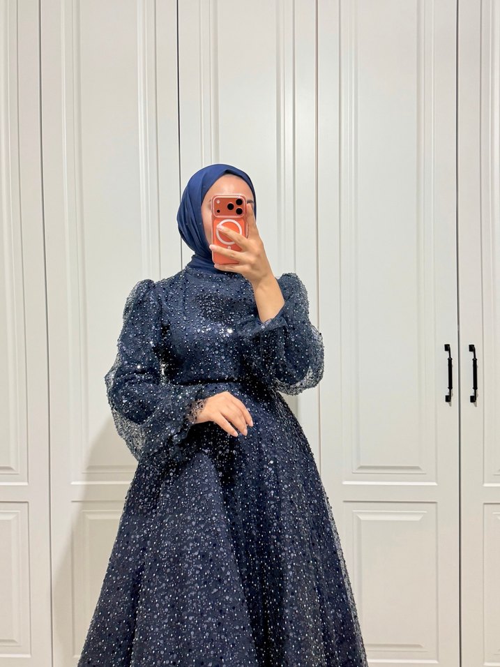 Boncuk İşlemeli Lacivert Uzun Abiye Elbise - Görsel 2