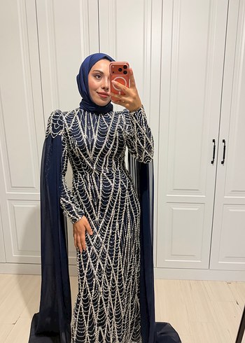 Uzun Kollu Lacivert Abiye Elbise - Görsel 3