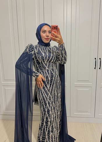 Uzun Kollu Lacivert Abiye Elbise - Görsel 4