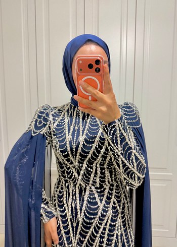 Uzun Kollu Lacivert Abiye Elbise - Görsel 2