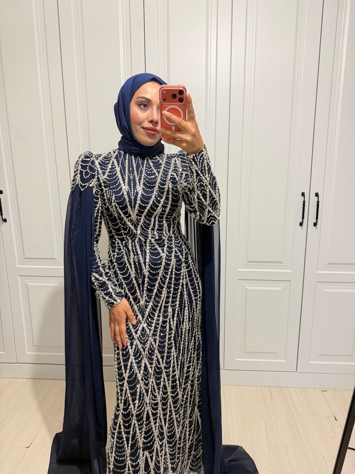 Uzun Kollu Lacivert Abiye Elbise - Görsel 3