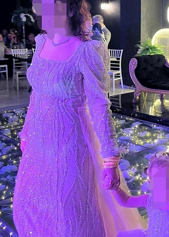 Boncuk İşlemeli Bej Uzun Kollu Abiye Elbise - Görsel 2