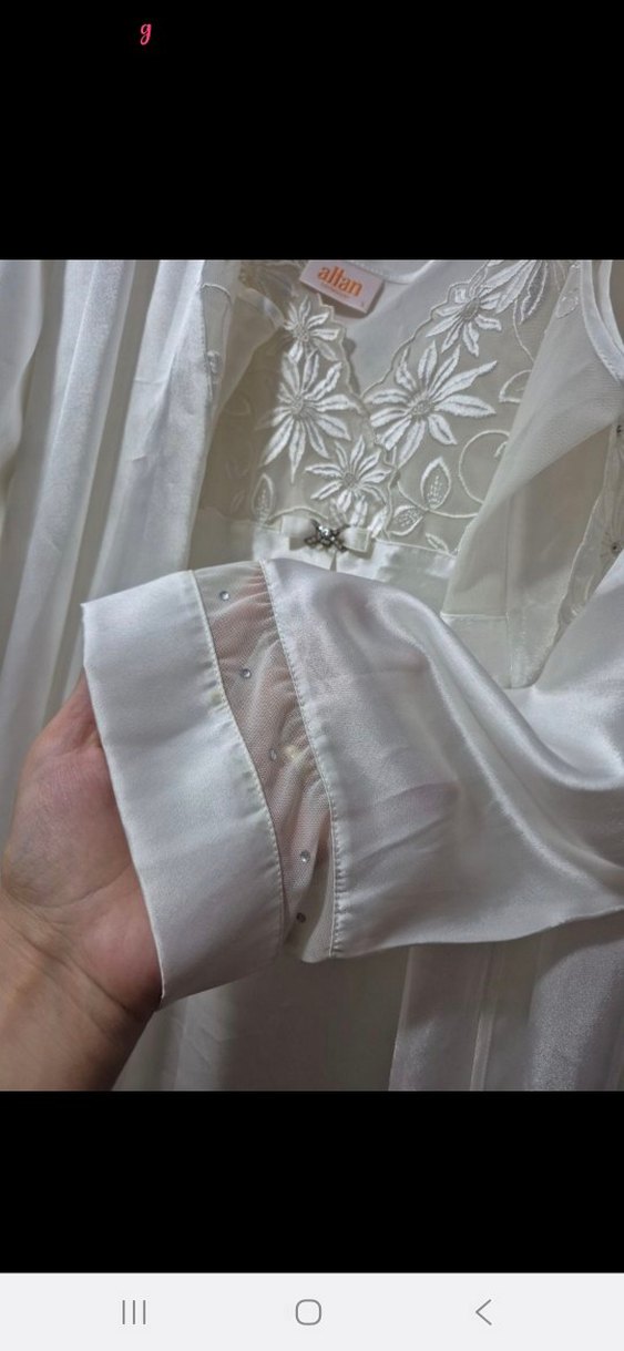 İşlemeli Beyaz Uzun Kollu Kadın Gecelik - Görsel 4