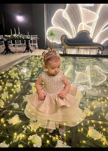 Işıltılı İşlemeli Krem Kız Çocuk Elbise - Görsel 3