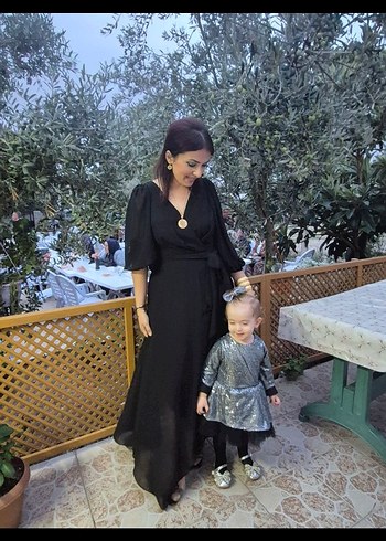 Siyah Kruvaze Balon Kollu Uzun Elbise - Görsel 3