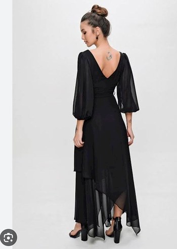 Siyah Kruvaze Balon Kollu Uzun Elbise - Görsel 2