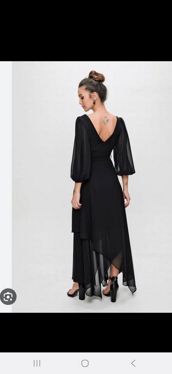 Siyah Kruvaze Balon Kollu Uzun Elbise - Görsel 2