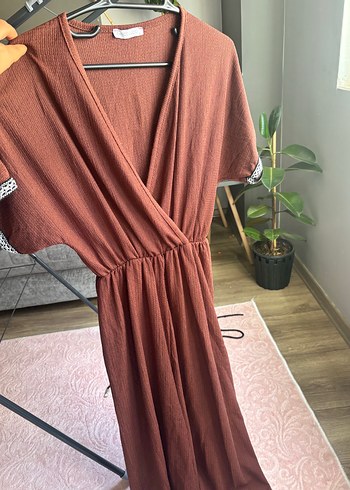 Bohem V Yaka Kahverengi Uzun Keten tulum