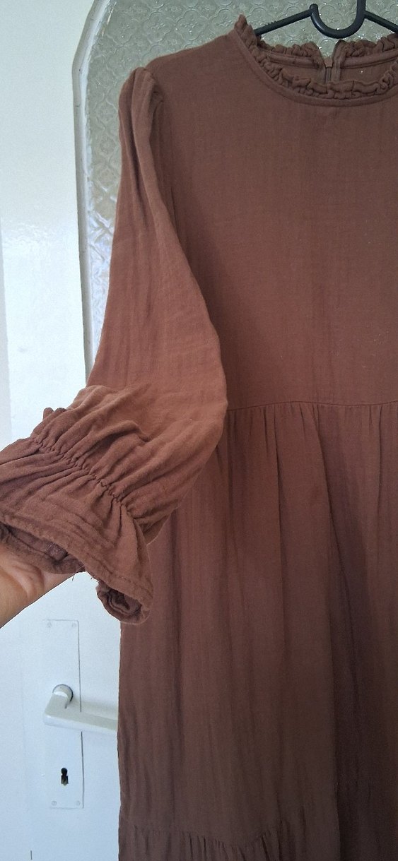 Kadın Kahverengi Uzun Keten Elbise - Görsel 3