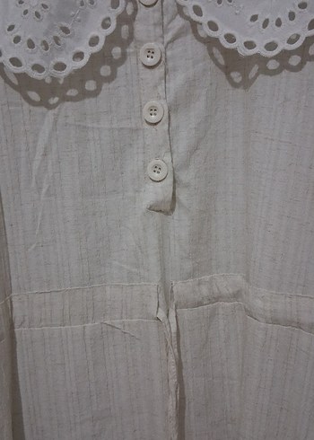 Düğmeli Bej Keten Uzun Elbise - Görsel 2