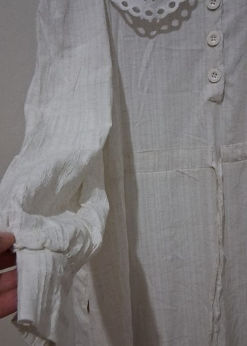 Düğmeli Bej Keten Uzun Elbise - Görsel 4