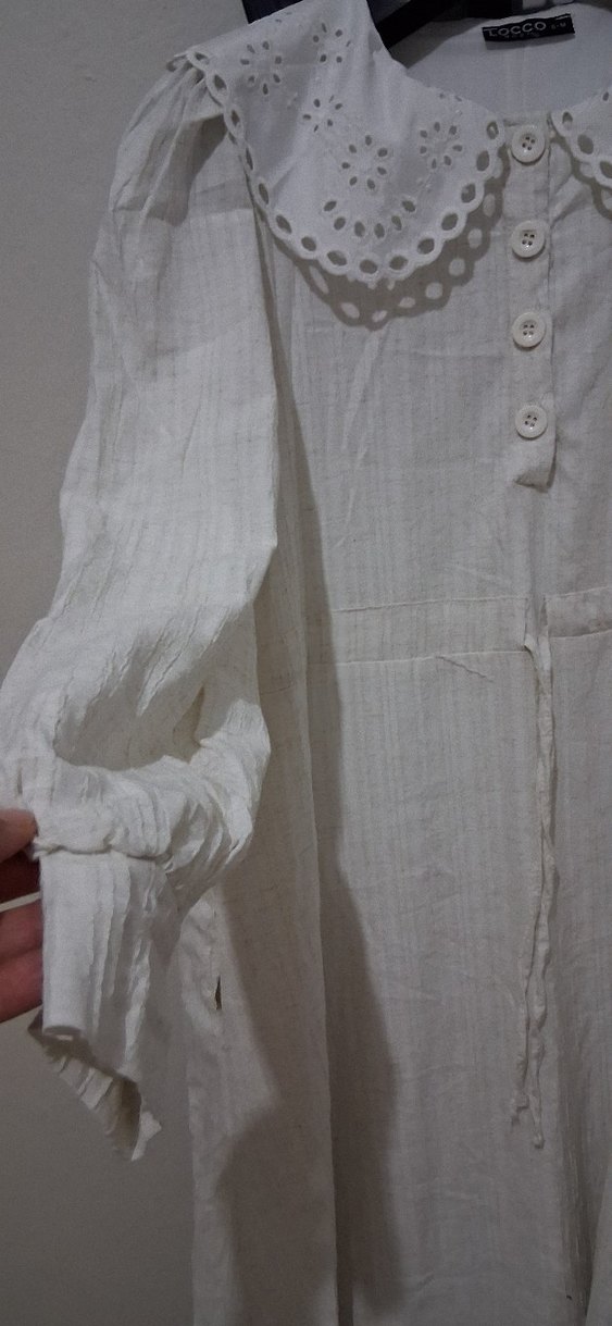 Düğmeli Bej Keten Uzun Elbise - Görsel 4