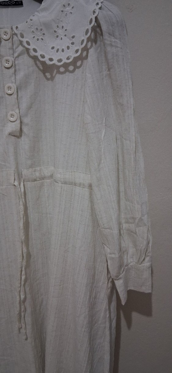 Düğmeli Bej Keten Uzun Elbise - Görsel 3