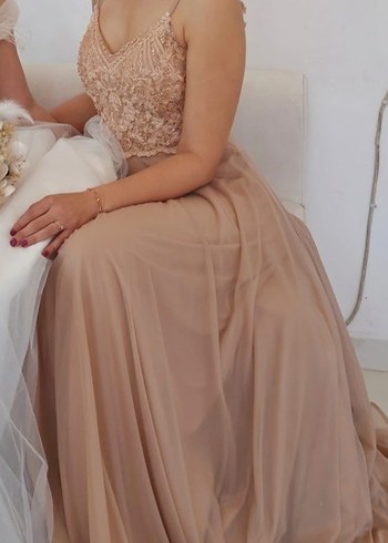 Abiye Bej Uzun Askılı Drapeli Abiye Elbise