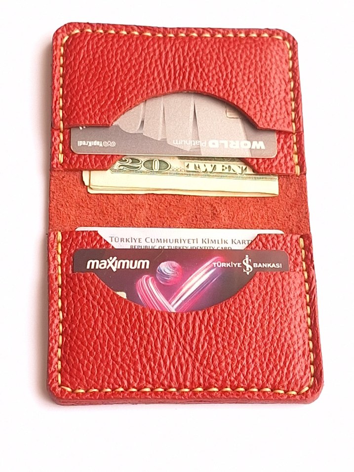 Kırmızı Hakiki Deri Minimalist Cüzdan Kartlık - Görsel 4