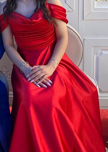 Kırmızı Drapeli Uzun Kadın Abiye Elbise - Görsel 2