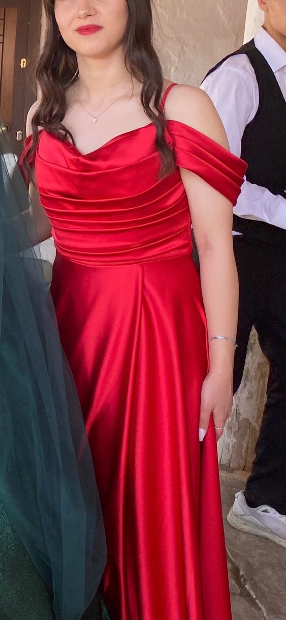 Kırmızı Drapeli Uzun Kadın Abiye Elbise - Görsel 3