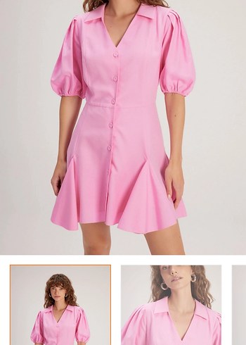 Pembe Mini V Yaka Düğmeli Elbise