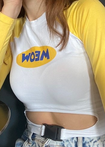 Sarı Kollu Uzun Kollu Baskılı Crop Top